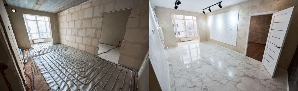 Avant-apres a Libourne par MC Carreleur : carrelage effet marbre pose sur plancher chauffant hydraulique.